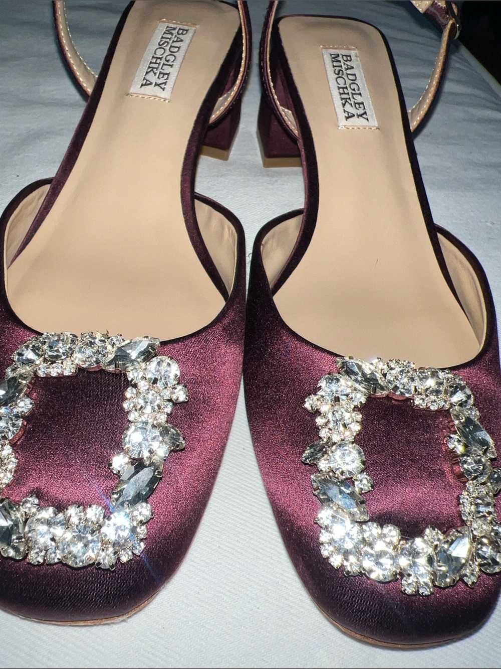 Badgley Mischka Plum Satin Slingback Heels with Crystal Buckles - Picture 2 of 9